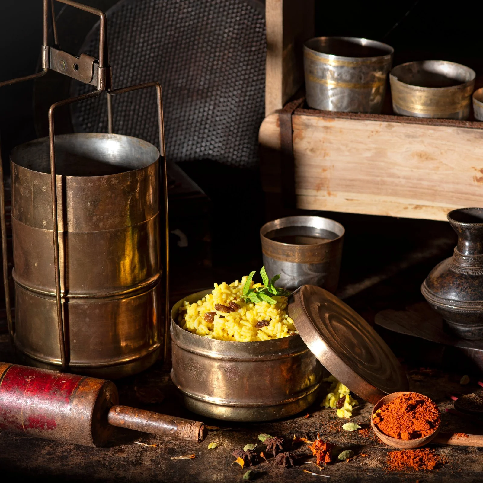 4 Tier Indian Vintage Brass Tiffin Box Set - Ca 1920 - Image 3