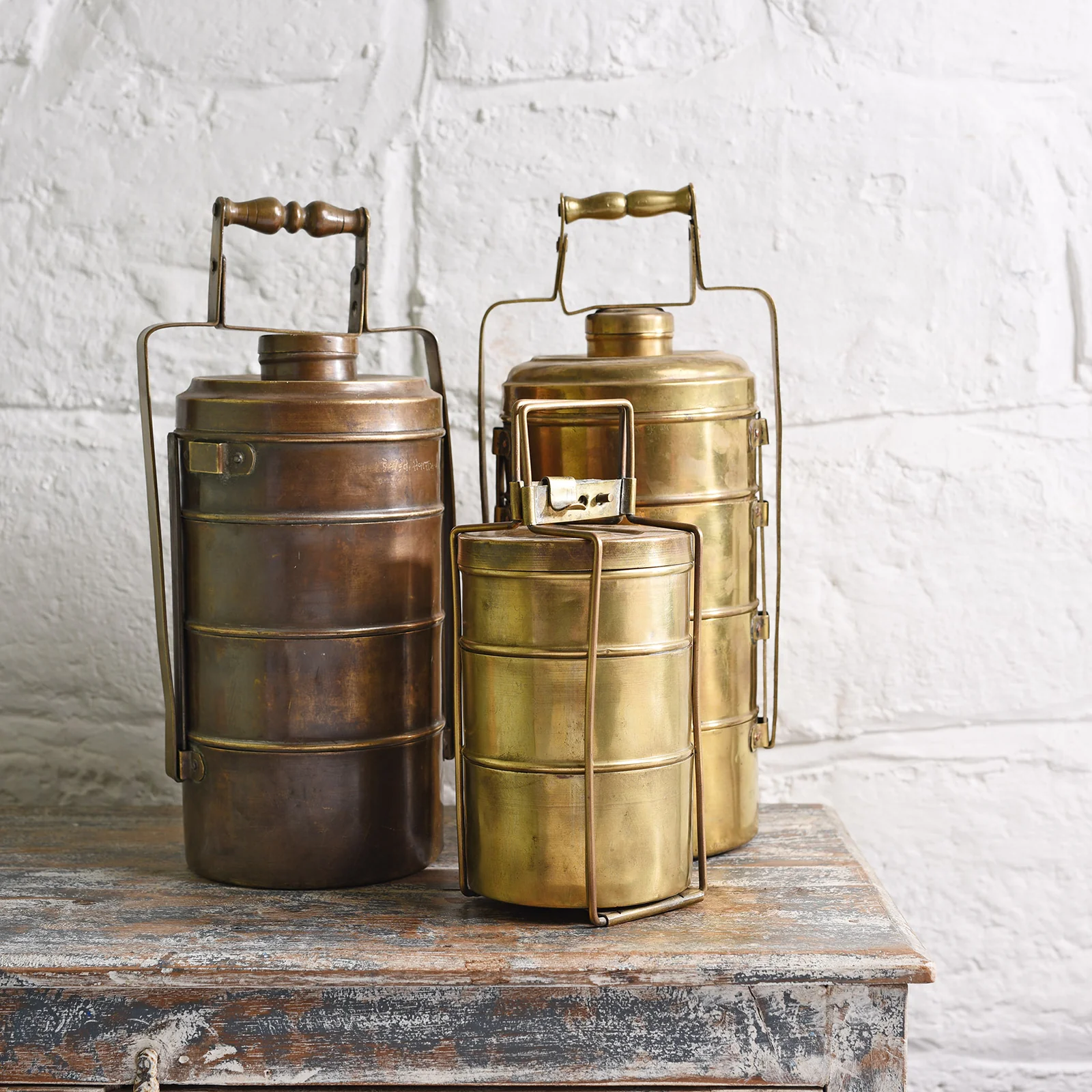 4 Tier Indian Vintage Brass Tiffin Box Set - Ca 1920 - Image 5